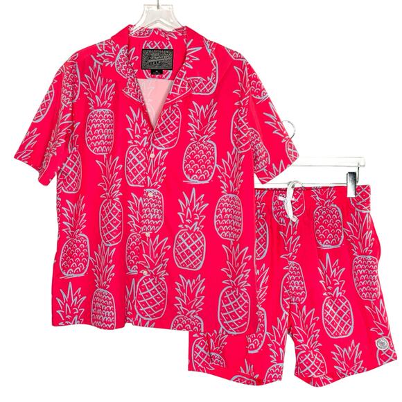 Brooklyn Cloth M Mens Pineapple Hawaiian Shirt Volley Swim Trunk Pink - Picture 1 of 12